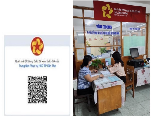 Ảnh mã QR Code để tham gia theo dõi và công chức Bộ phận Một cửa Sở Công Thương đang thực hiện hướng dẫn cho doanh nghiệp quét mã QR Code để tham gia theo dõi trên Zalo